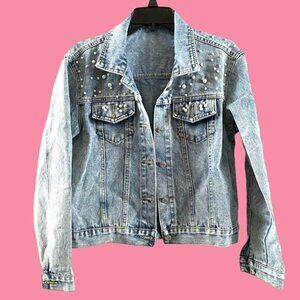 Handcrafted Beaded Pearl Jean Jacket Medium Over The Shoulder Long Sleeve Denim